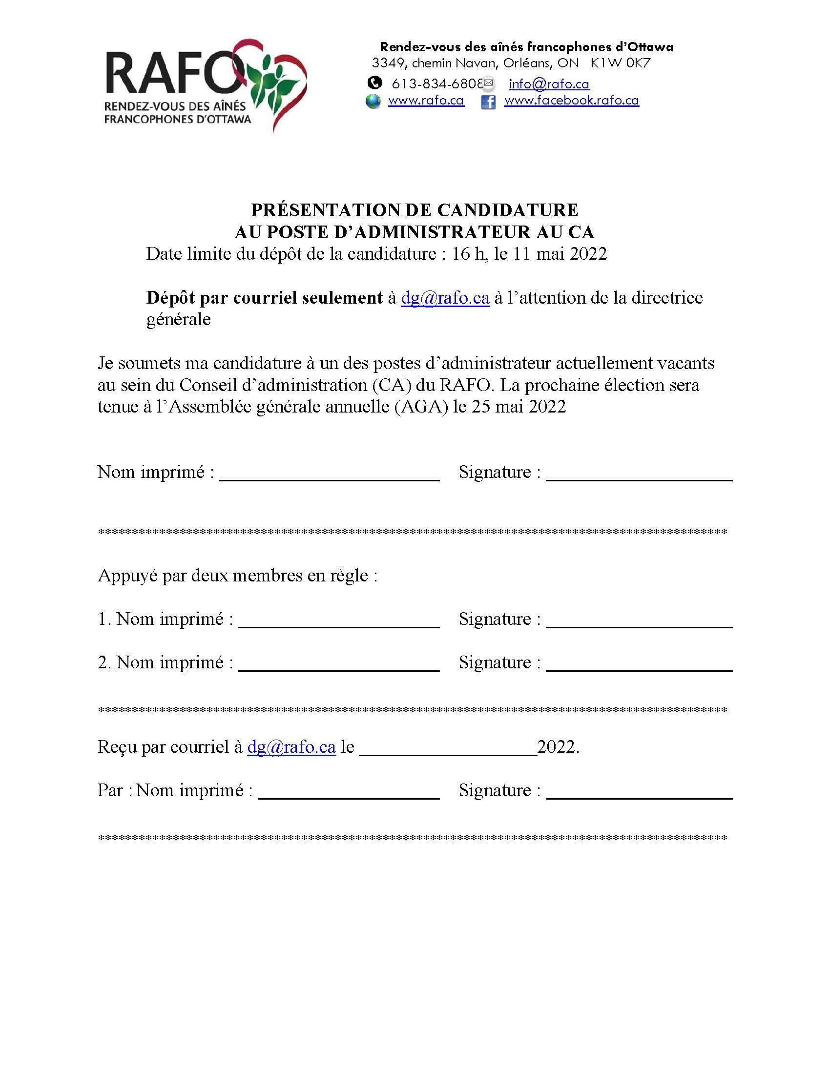Formulaire de présentation de candidature pour le CA